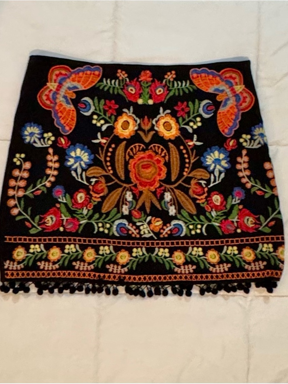 envy Black Mini Skirt with Vibrant Floral & Butterfly Embroidery